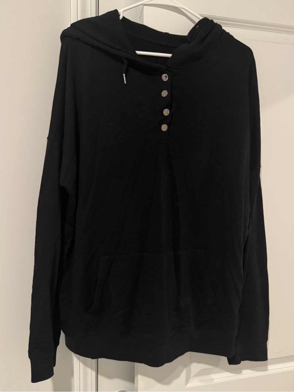 Amazon Women's Black Hooded Pullover with Button Placket